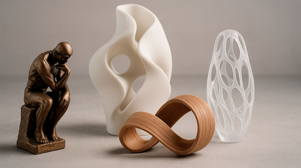 Приклади арт-об'єктів, надрукованих з різних матеріалів (метал, кераміка, дерево)